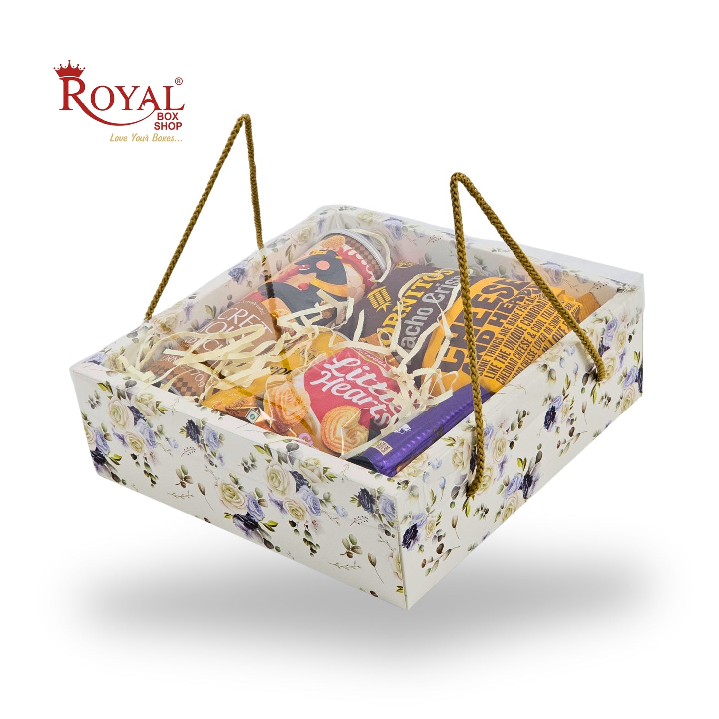 Premium Gift Hamper Bags with Transparent Lid I 10x10x3.5 inches I White Floral Print