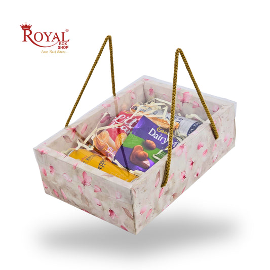 Premium Gift Hamper Bags with Transparent Lid I 10x6.75x3.5 inches I Grey with Pink Flower Print