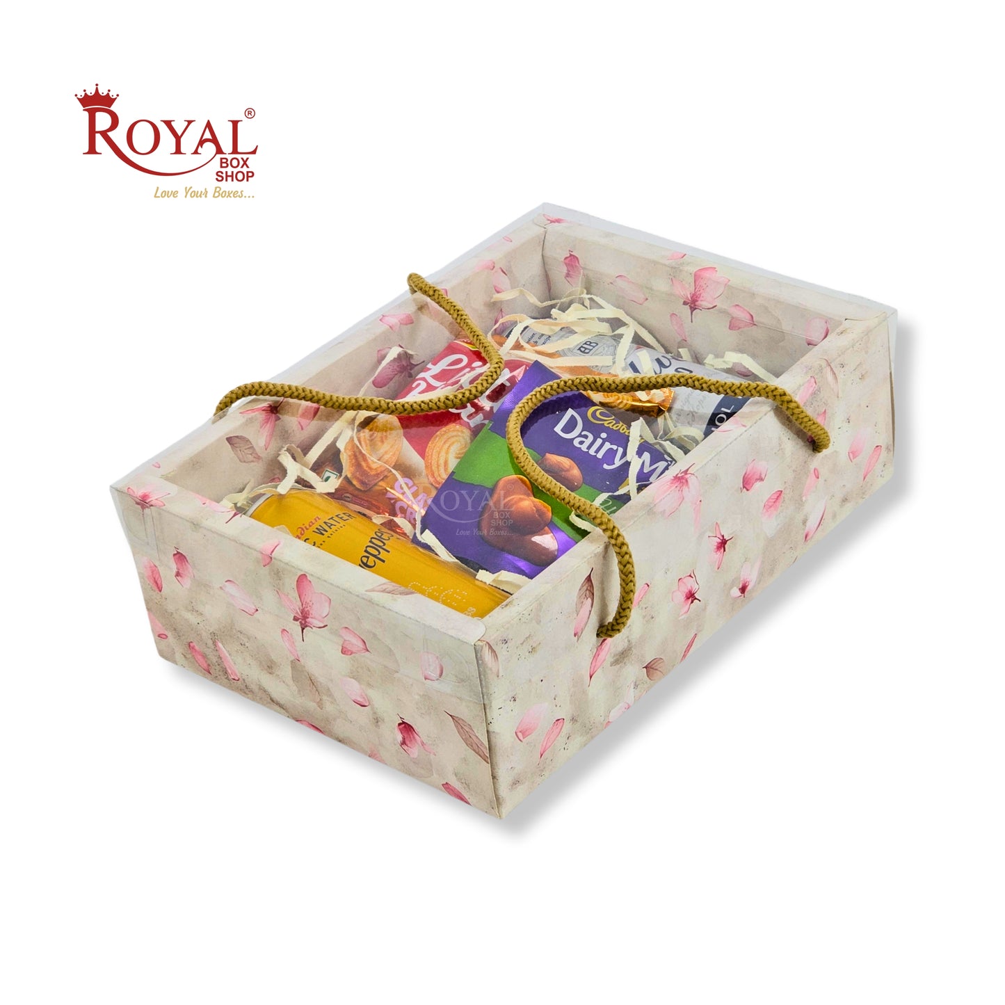 Premium Gift Hamper Bags with Transparent Lid I 10x6.75x3.5 inches I Grey with Pink Flower Print