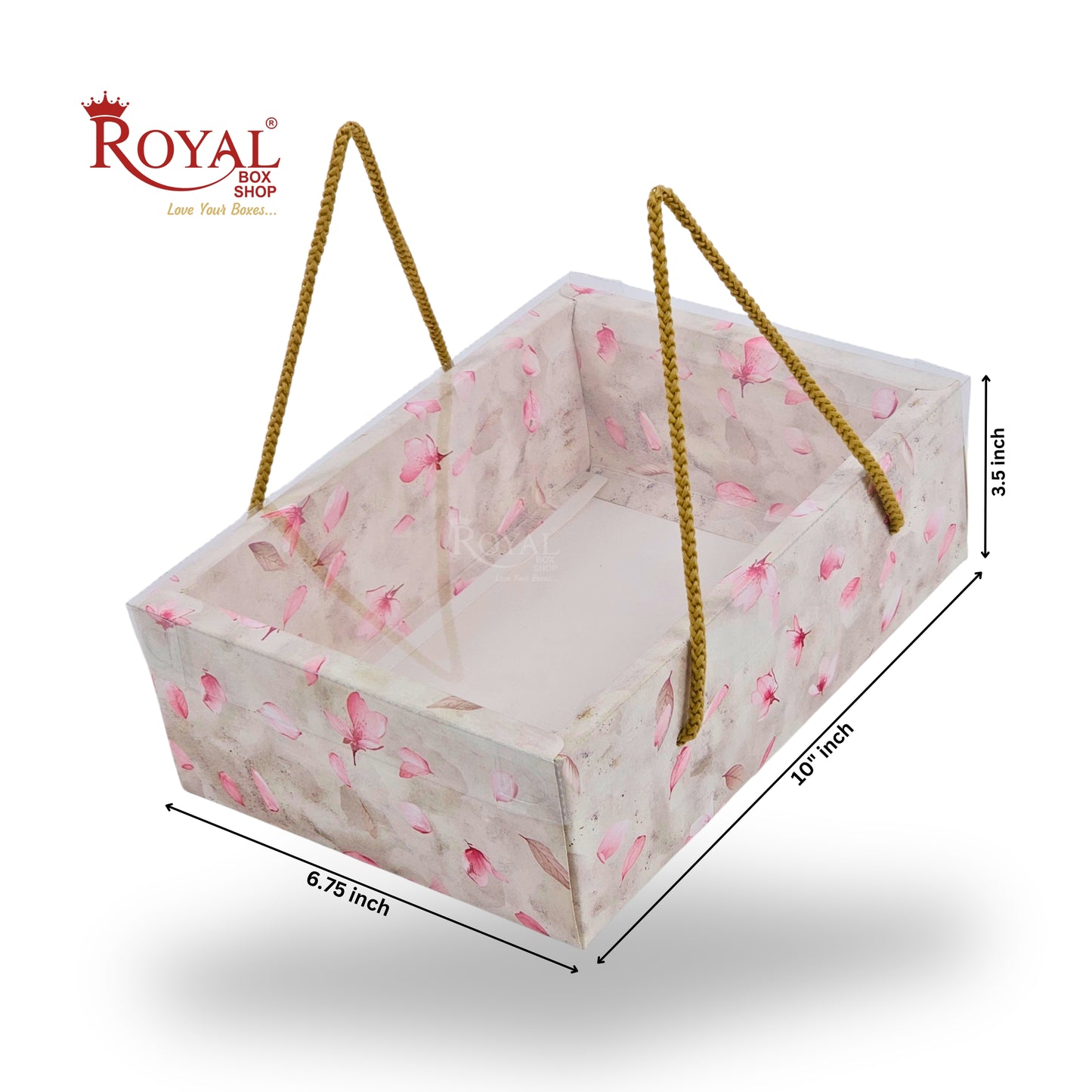 Premium Gift Hamper Bags with Transparent Lid I 10x6.75x3.5 inches I Grey with Pink Flower Print