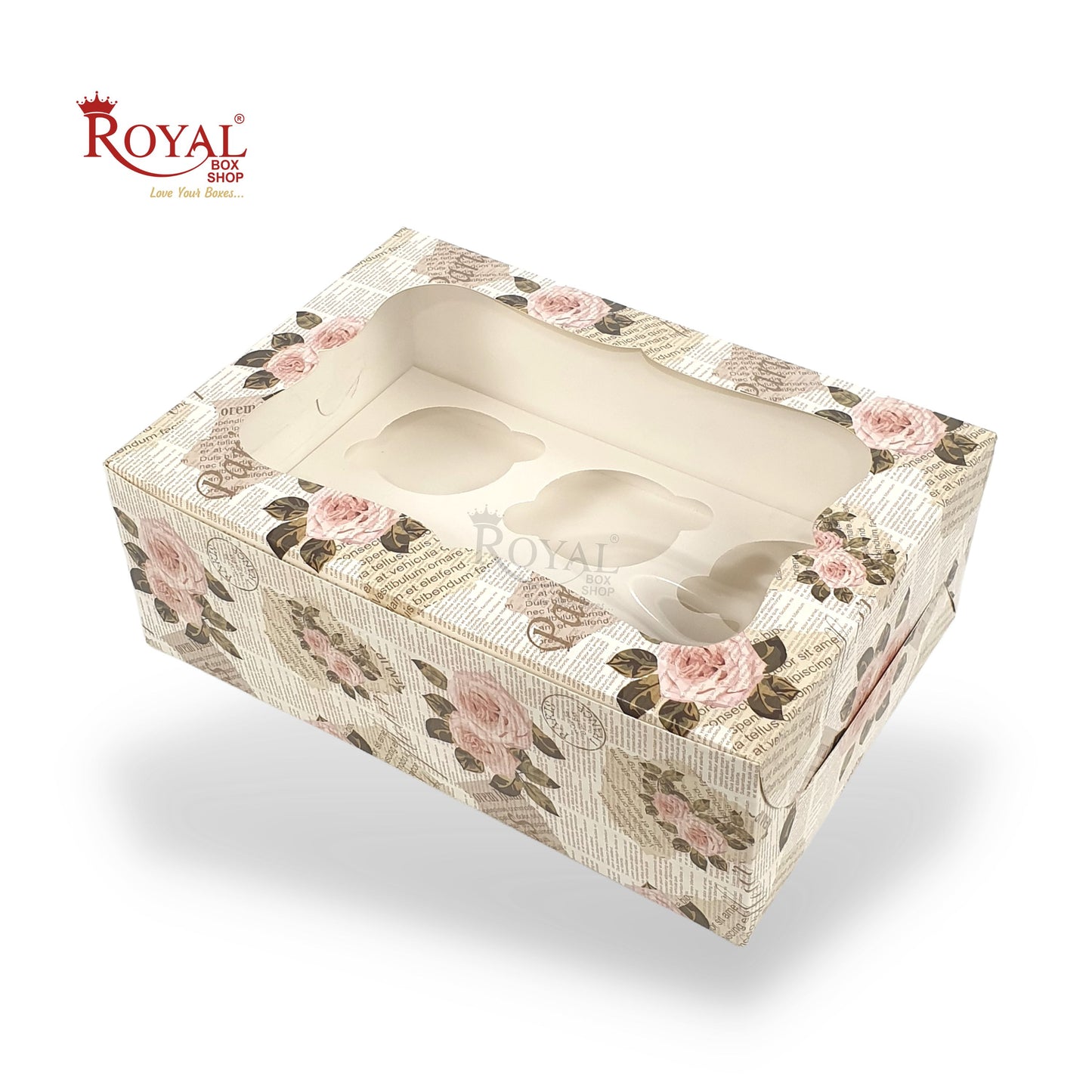 6pc Cupcake Box With Window I Size 10"x6.75"x3.5" I News Print I Perfect for Cupcakes, cookies