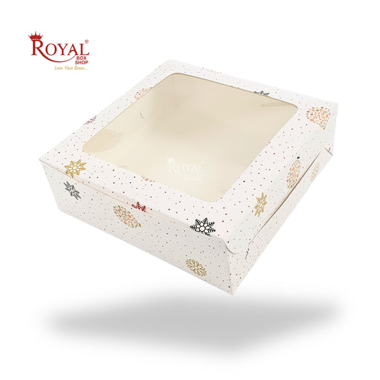 Christmas Theme Dry Cake Box With Window I Size 9x9x3 inch I White I For Cakes, Dry Cakes, Chocolates, Cookies, Muffins