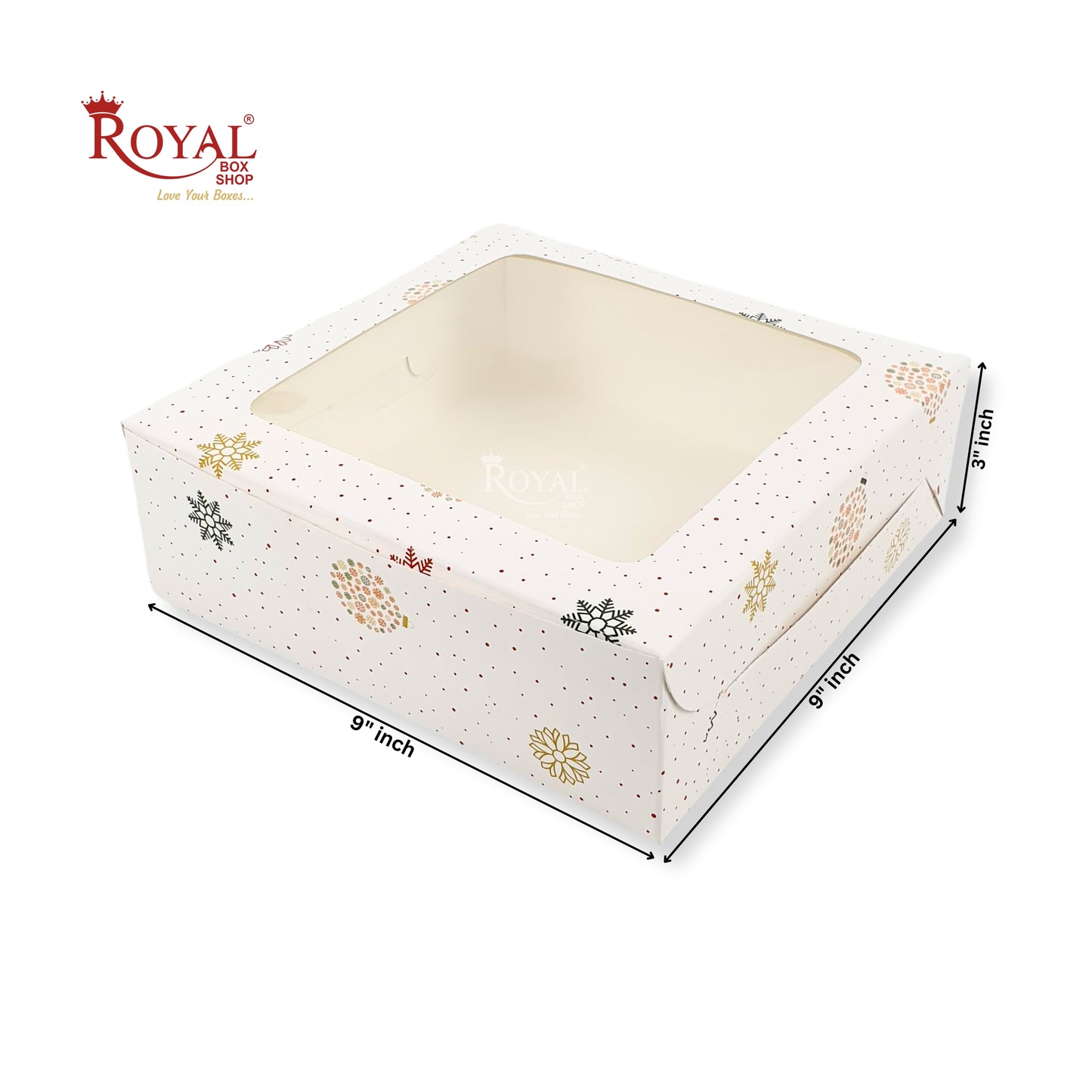 Christmas Theme Dry Cake Box With Window I Size 9x9x3 inch I White I For Cakes, Dry Cakes, Chocolates, Cookies, Muffins