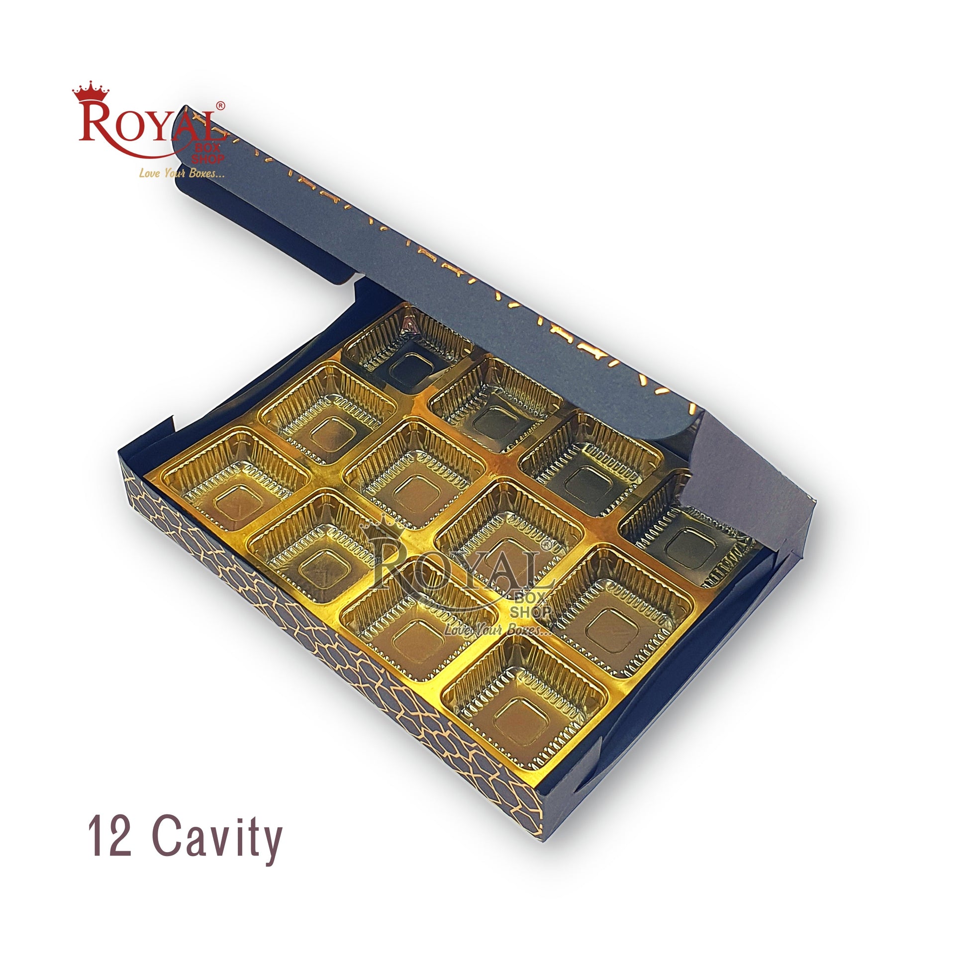 12 Cavity Chocolate Boxes I 7.5 x 5.5 x 1.25 inches I Black Hexa Golden Foiling I For Valentine, Rakhi, Return Gifts Royal Box Shop