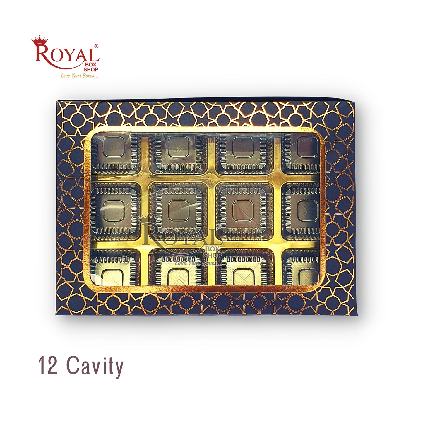 12 Cavity Chocolate Boxes I 7.5 x 5.5 x 1.25 inches I Black Hexa Golden Foiling I For Valentine, Rakhi, Return Gifts Royal Box Shop