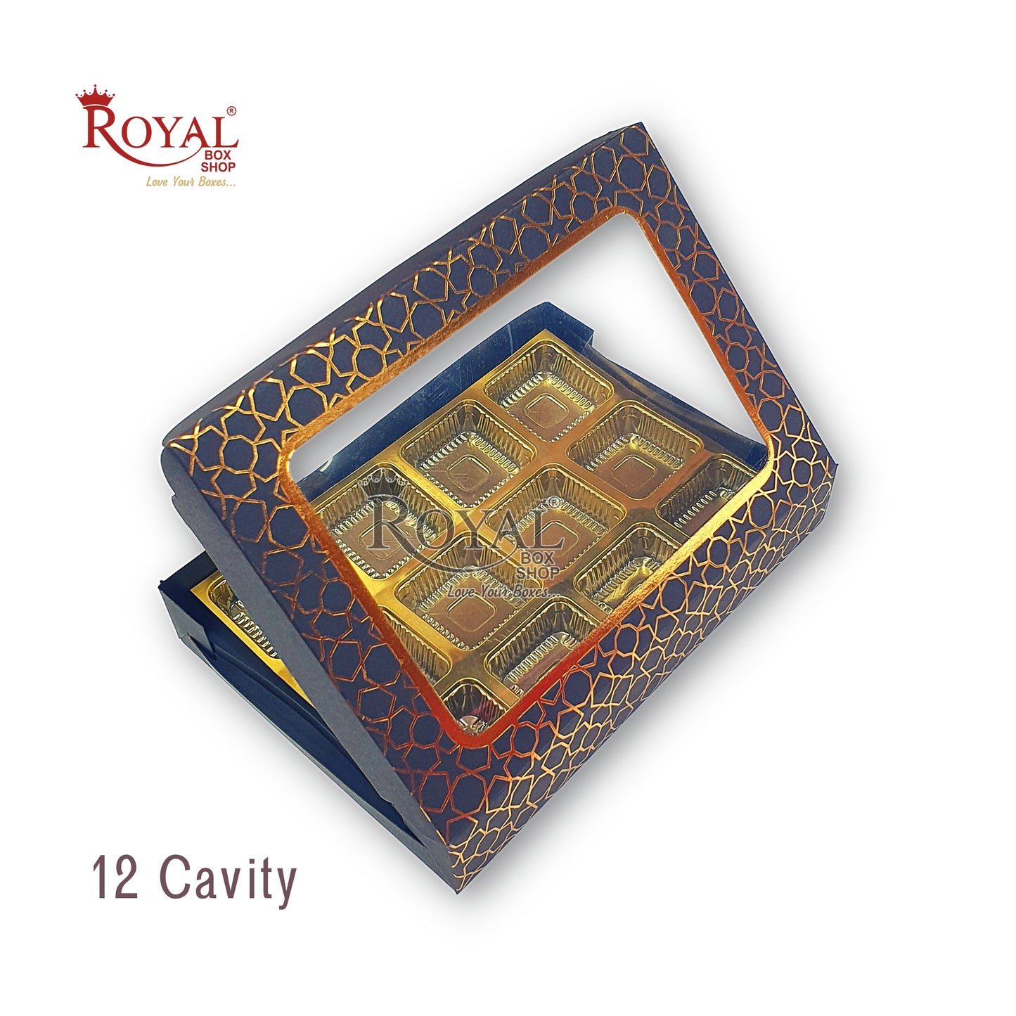 12 Cavity Chocolate Boxes I 7.5 x 5.5 x 1.25 inches I Black Hexa Golden Foiling I For Valentine, Rakhi, Return Gifts Royal Box Shop