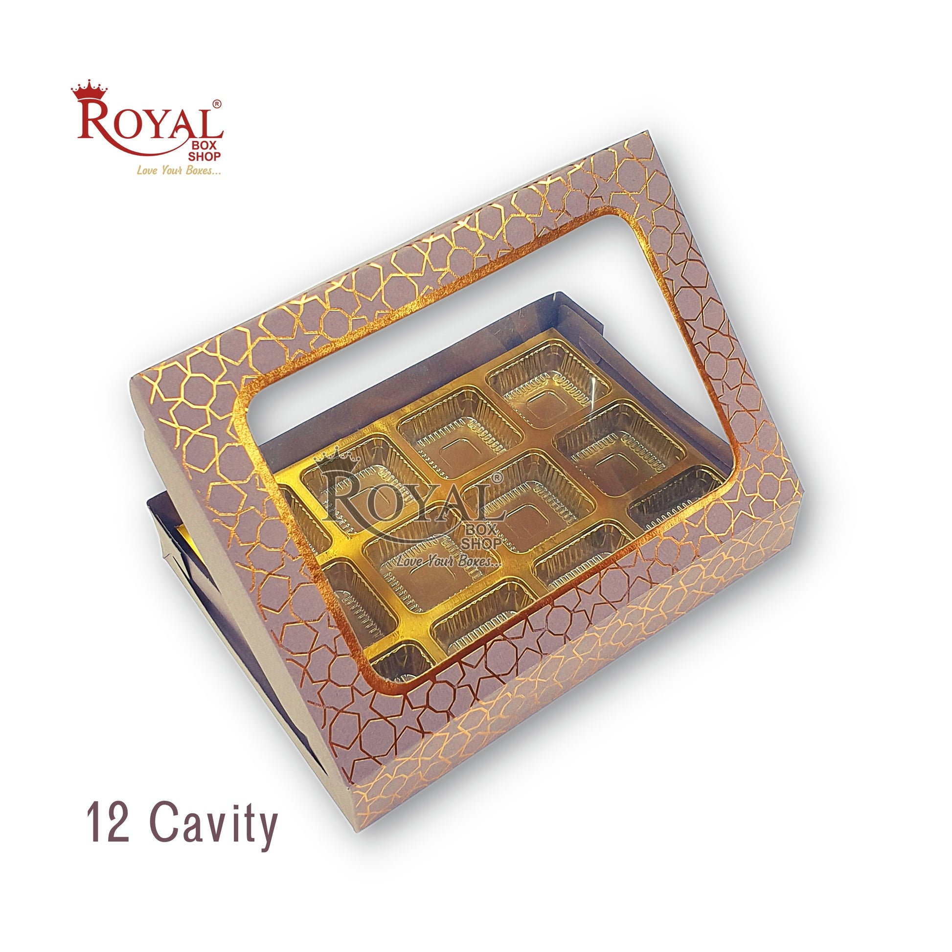 12 Cavity Chocolate Boxes I 7.5 x 5.5 x 1.25 inches I Brown Hexa Golden Foiling I For Valentine, Rakhi, Return Gifts Royal Box Shop