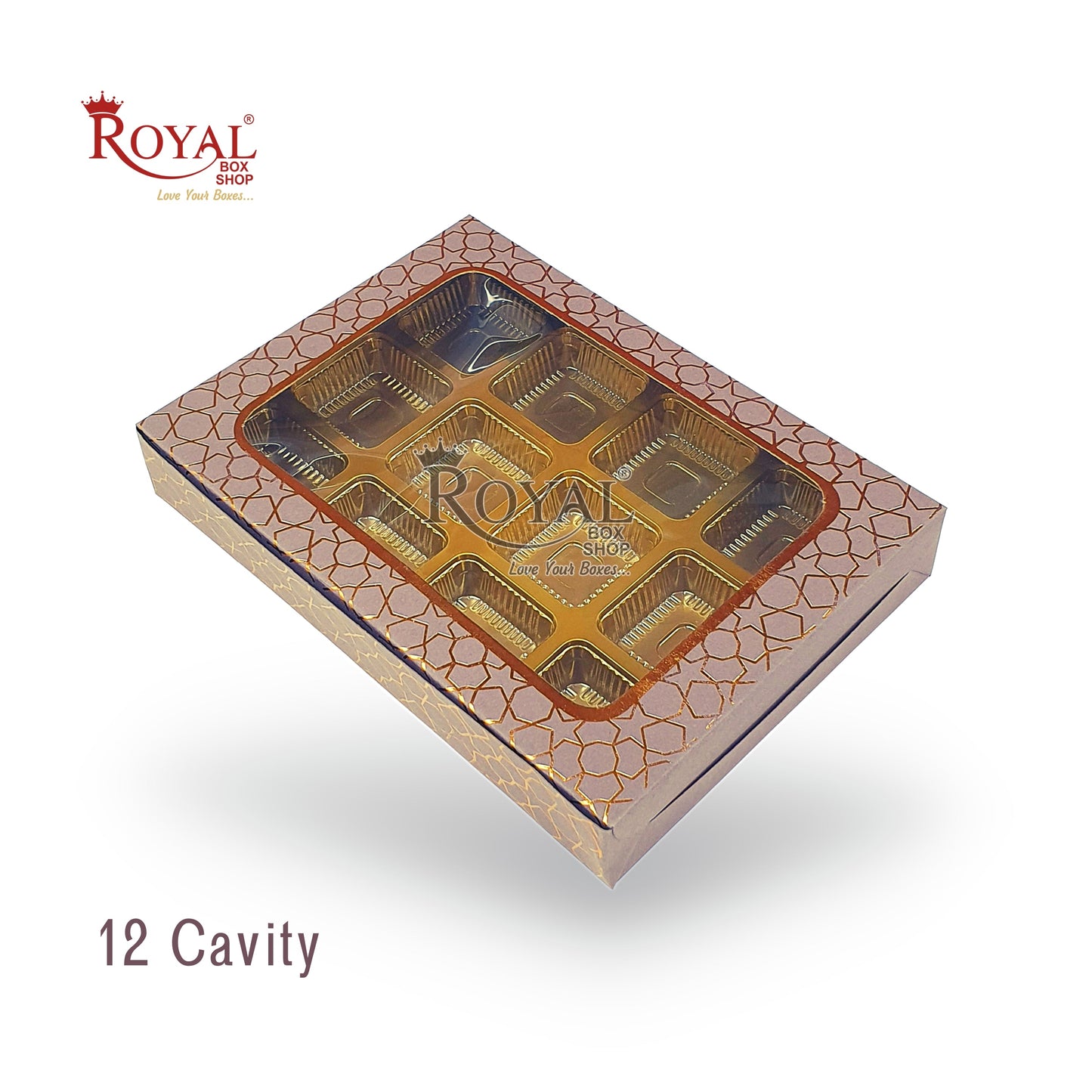 12 Cavity Chocolate Boxes I 7.5 x 5.5 x 1.25 inches I Brown Hexa Golden Foiling I For Valentine, Rakhi, Return Gifts Royal Box Shop