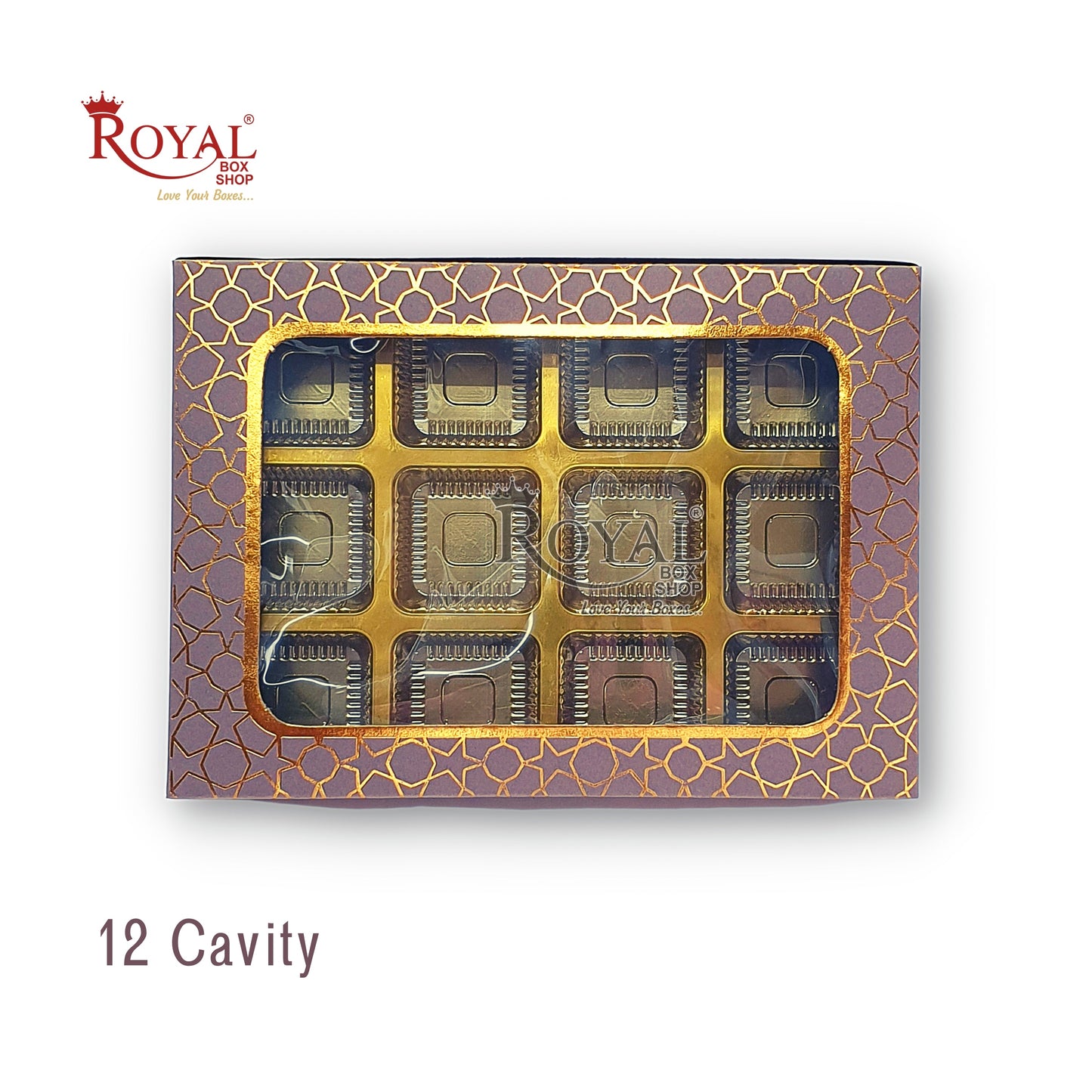 12 Cavity Chocolate Boxes I 7.5 x 5.5 x 1.25 inches I Brown Hexa Golden Foiling I For Valentine, Rakhi, Return Gifts Royal Box Shop