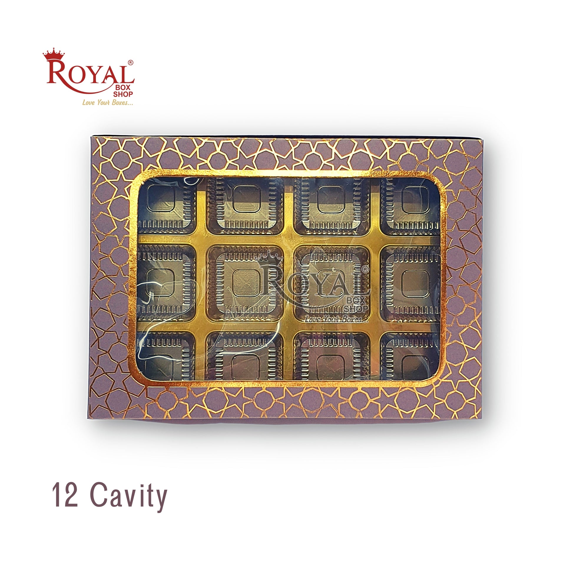 12 Cavity Chocolate Boxes I 7.5 x 5.5 x 1.25 inches I Brown Hexa Golden Foiling I For Valentine, Rakhi, Return Gifts Royal Box Shop