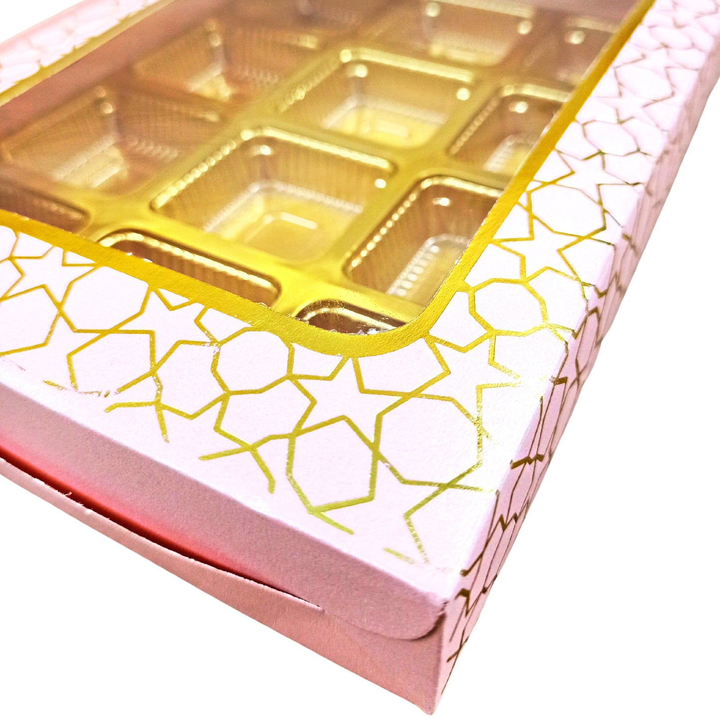 12 Cavity Chocolate Boxes I 7.5 x 5.5 x 1.25 inches I Pink Hexa Golden Foiling I For Valentine, Rakhi, Return Gifts Royal Box Shop