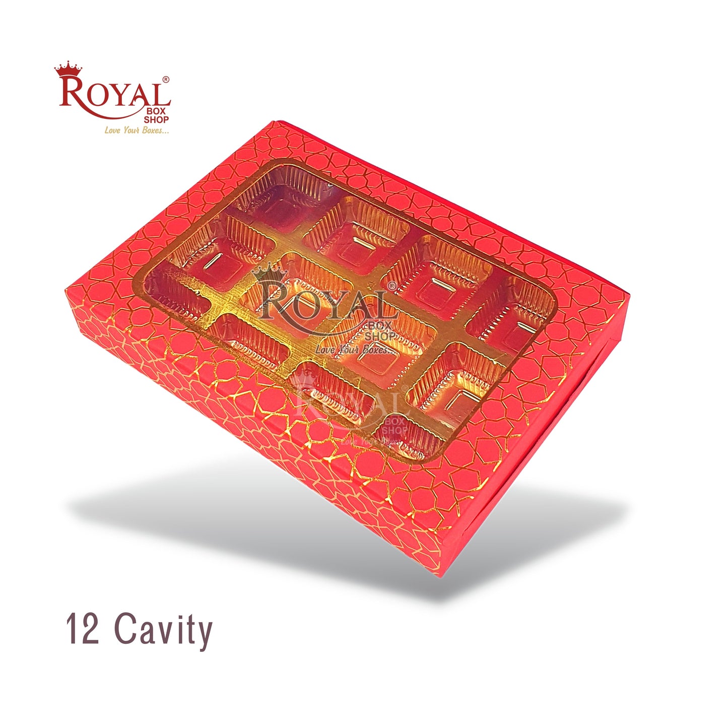 12 Cavity Chocolate Boxes I 7.5 x 5.5 x 1.25 inches I Red Hexa Golden Foiling I For Valentine, Rakhi, Return Gifts Royal Box Shop