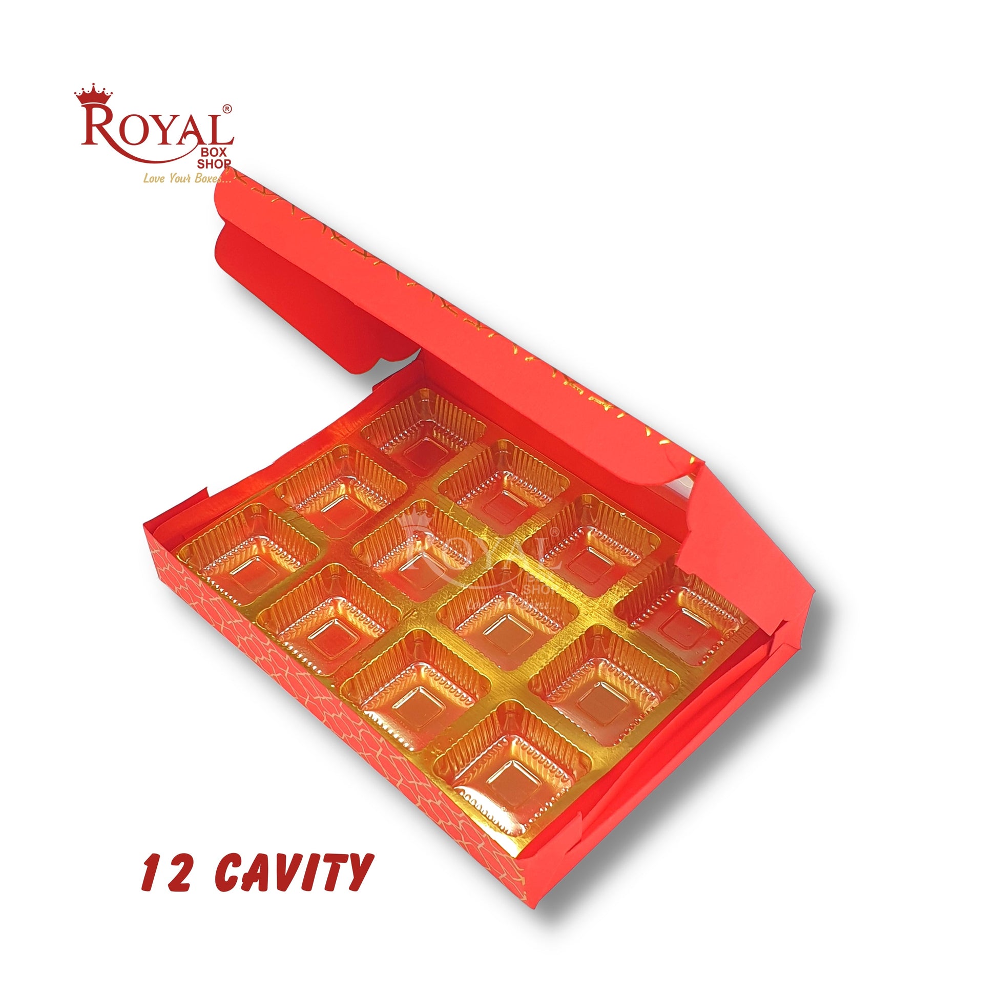 12 Cavity Chocolate Boxes I 7.5 x 5.5 x 1.25 inches I Red Hexa Golden Foiling I For Valentine, Rakhi, Return Gifts Royal Box Shop