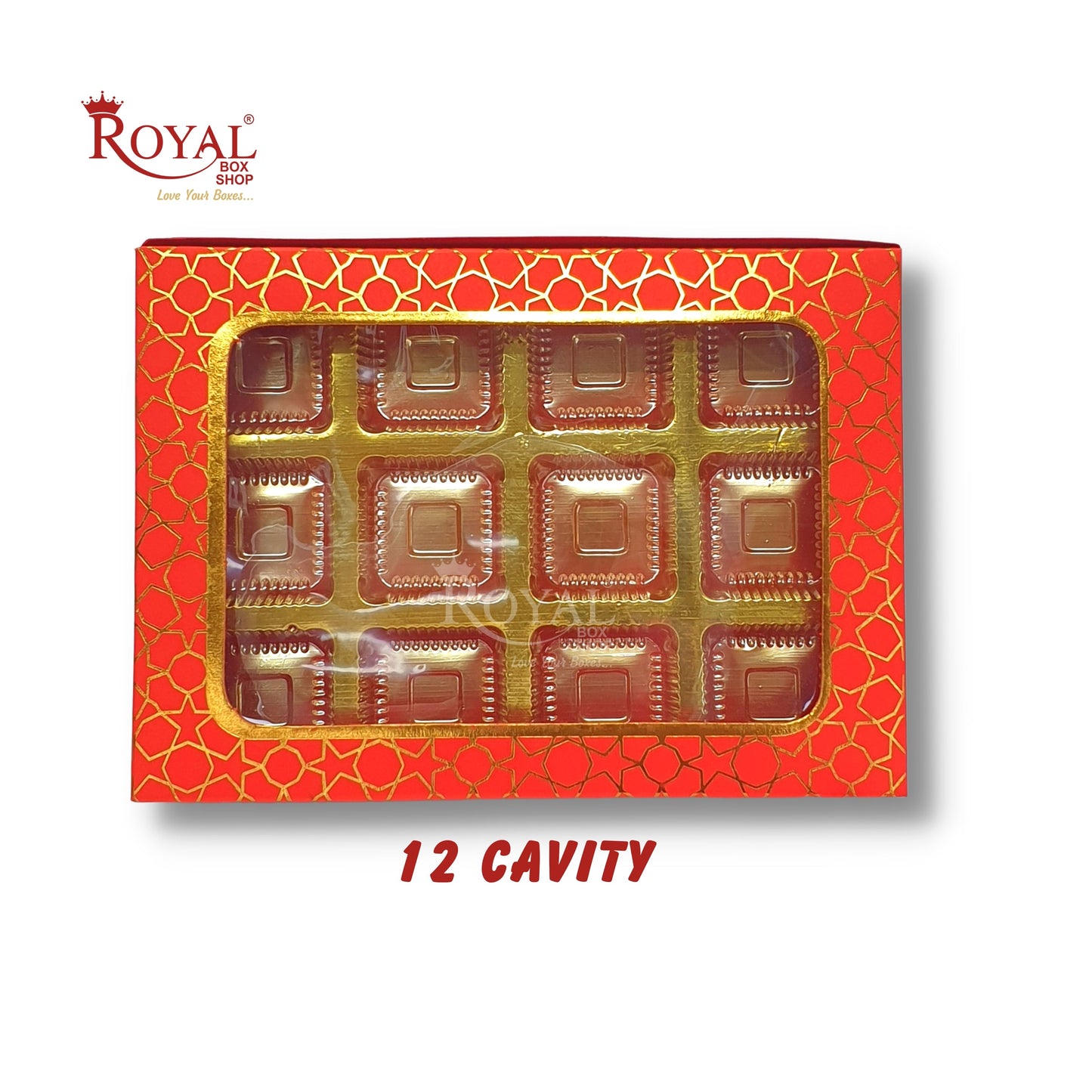 12 Cavity Chocolate Boxes I 7.5 x 5.5 x 1.25 inches I Red Hexa Golden Foiling I For Valentine, Rakhi, Return Gifts Royal Box Shop