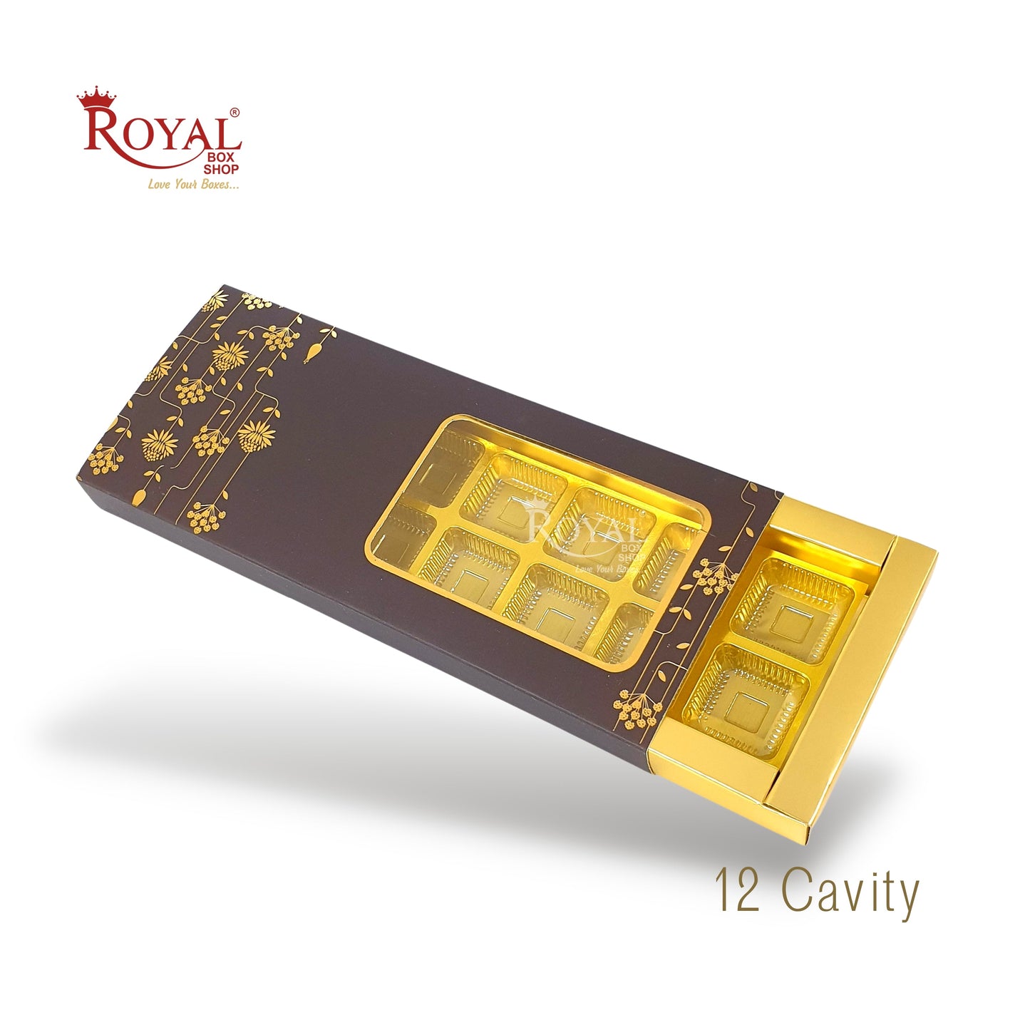 12 Cavity Chocolate Slider Boxes with Window I Dark Brown I Gold Leaf Print I Diwali, Christmas, Wedding Return Gifts Royal Box Shop