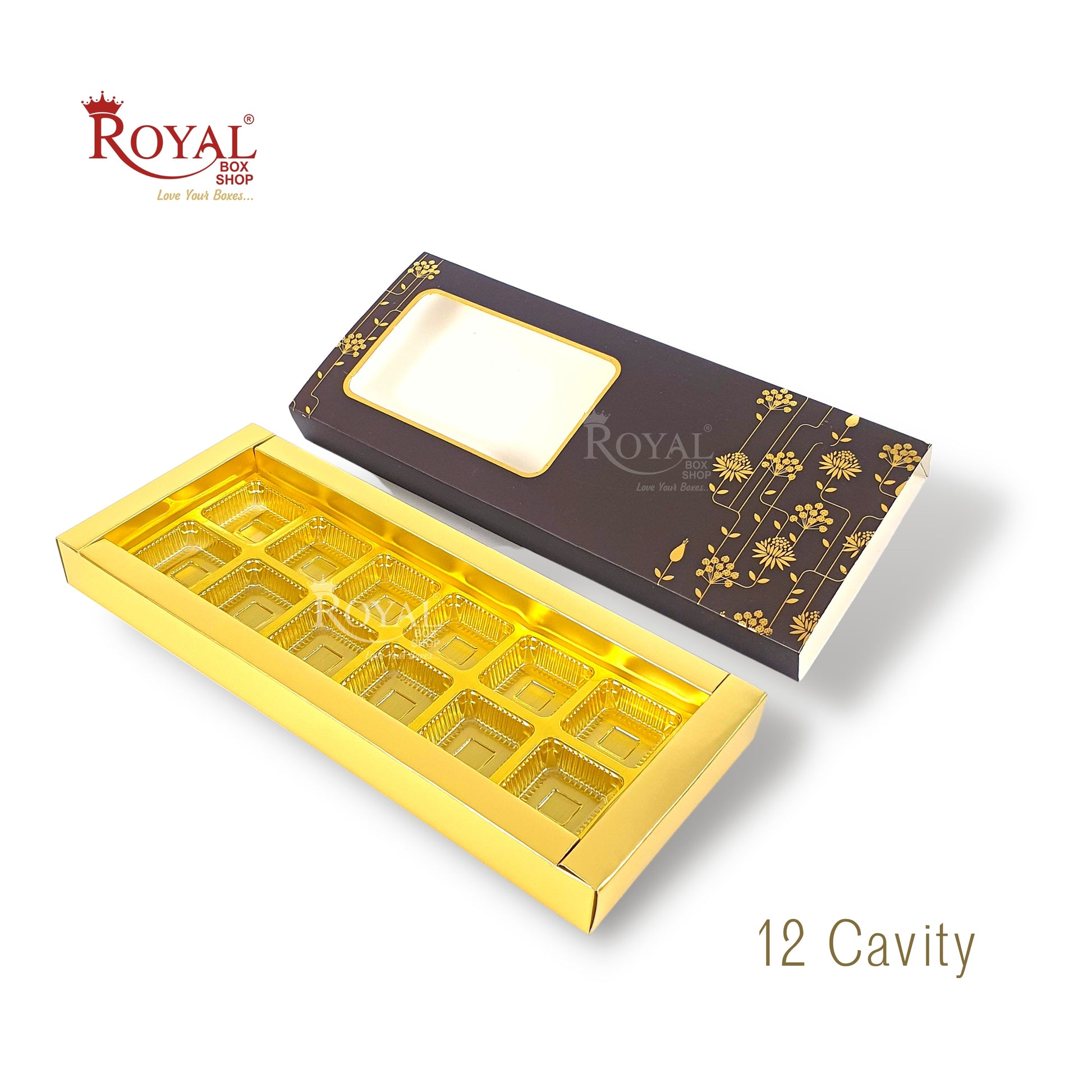 12 Cavity Chocolate Slider Boxes with Window I Dark Brown I Gold Leaf Print I Diwali, Christmas, Wedding Return Gifts Royal Box Shop