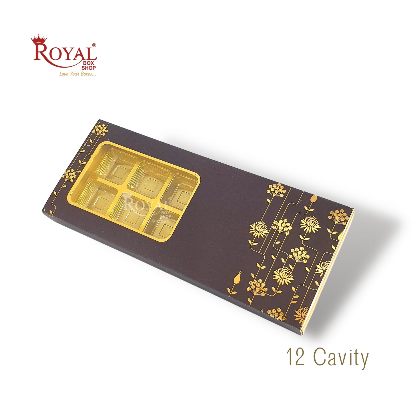 12 Cavity Chocolate Slider Boxes with Window I Dark Brown I Gold Leaf Print I Diwali, Christmas, Wedding Return Gifts Royal Box Shop