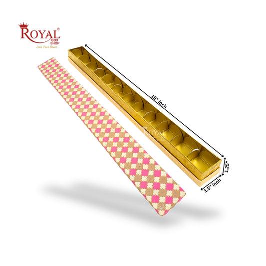 Long Sleek 12 Cavity Rigid Box I Pink Check Flower I Perfect Packaging for Sweets, Chocolates & Baklawa