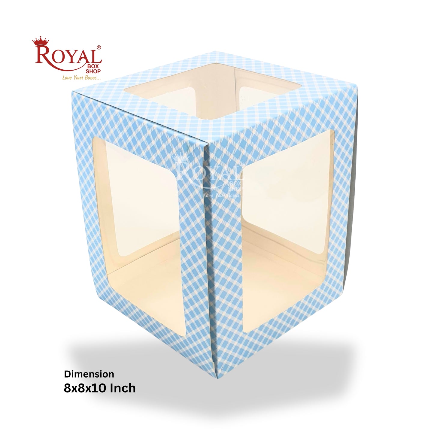 RoyalBoxShop® 5-Window Gift Box I 8x8x10 Inch I Blue Check I Perfect for Bakery Cakes, Gifts, Parties, Any Occasion