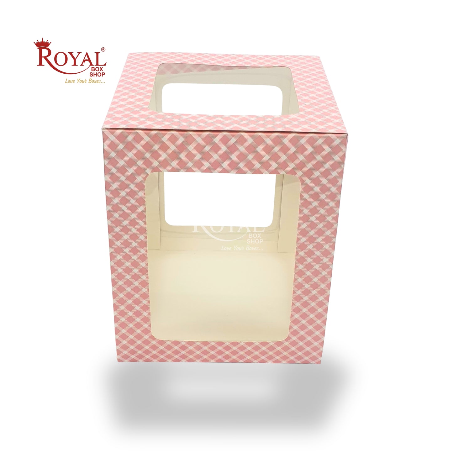 RoyalBoxShop® 5-Window Gift Box I 8x8x10 Inch I Pink Check I Perfect for Bakery Cakes, Gifts, Parties, Any Occasion