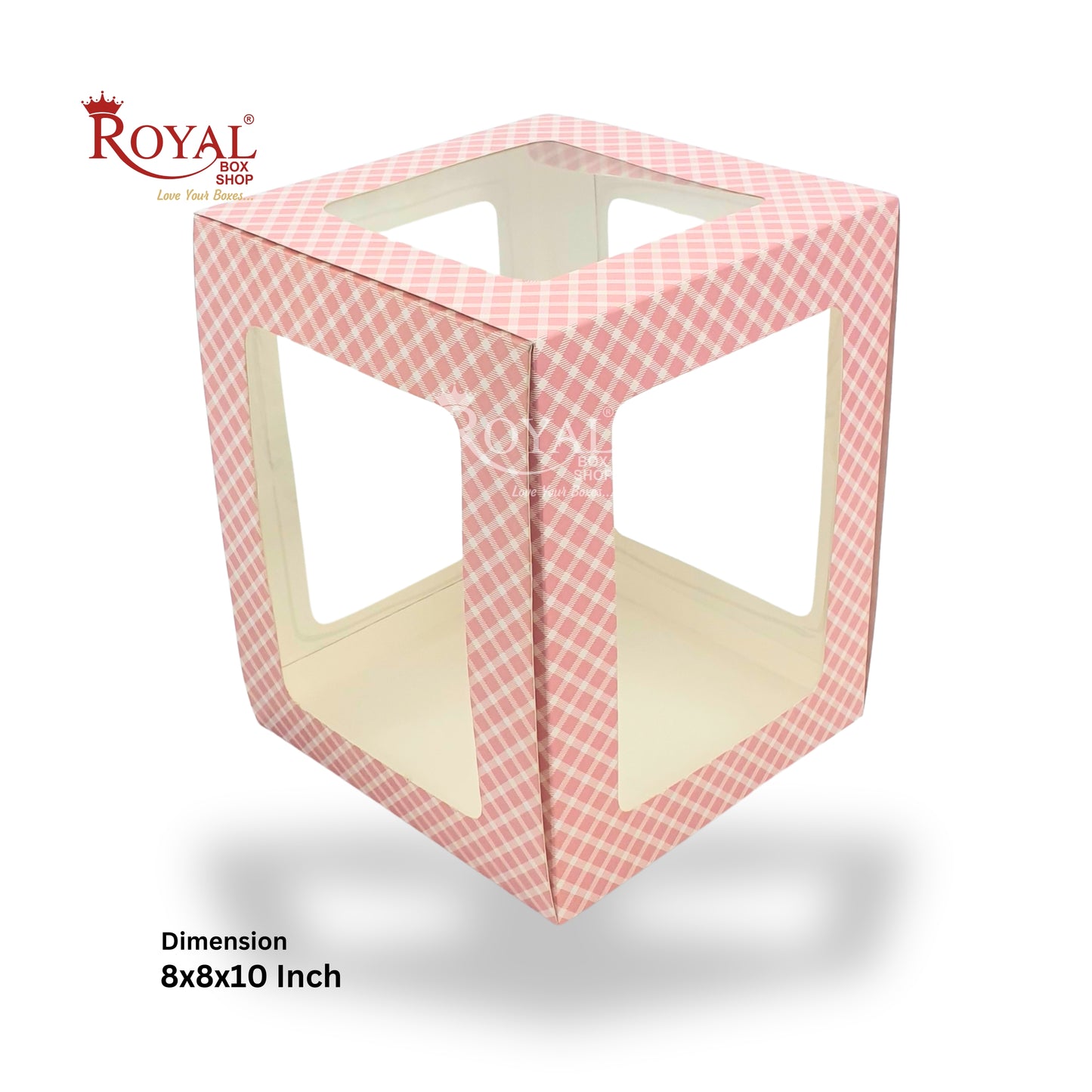 RoyalBoxShop® 5-Window Gift Box I 8x8x10 Inch I Pink Check I Perfect for Bakery Cakes, Gifts, Parties, Any Occasion