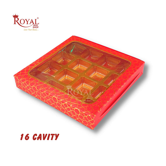 16 Cavity Chocolate Boxes - 7.5 x 7.5 x 1.25 inches - Hexa Golden Foiling - Red Royal Box Shop