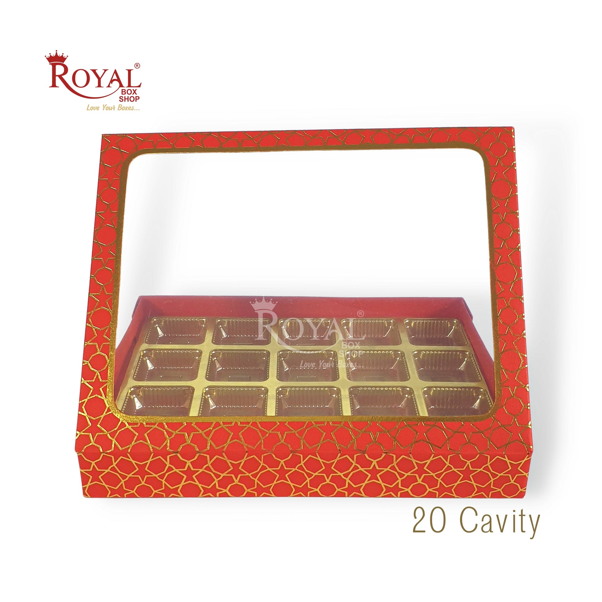 20 Cavity Chocolate Boxes I 9.5 x 7.5 x 1.25 inches I Red Hexa Golden Foiling I For Valentine, Rakhi, Return Gifts Royal Box Shop