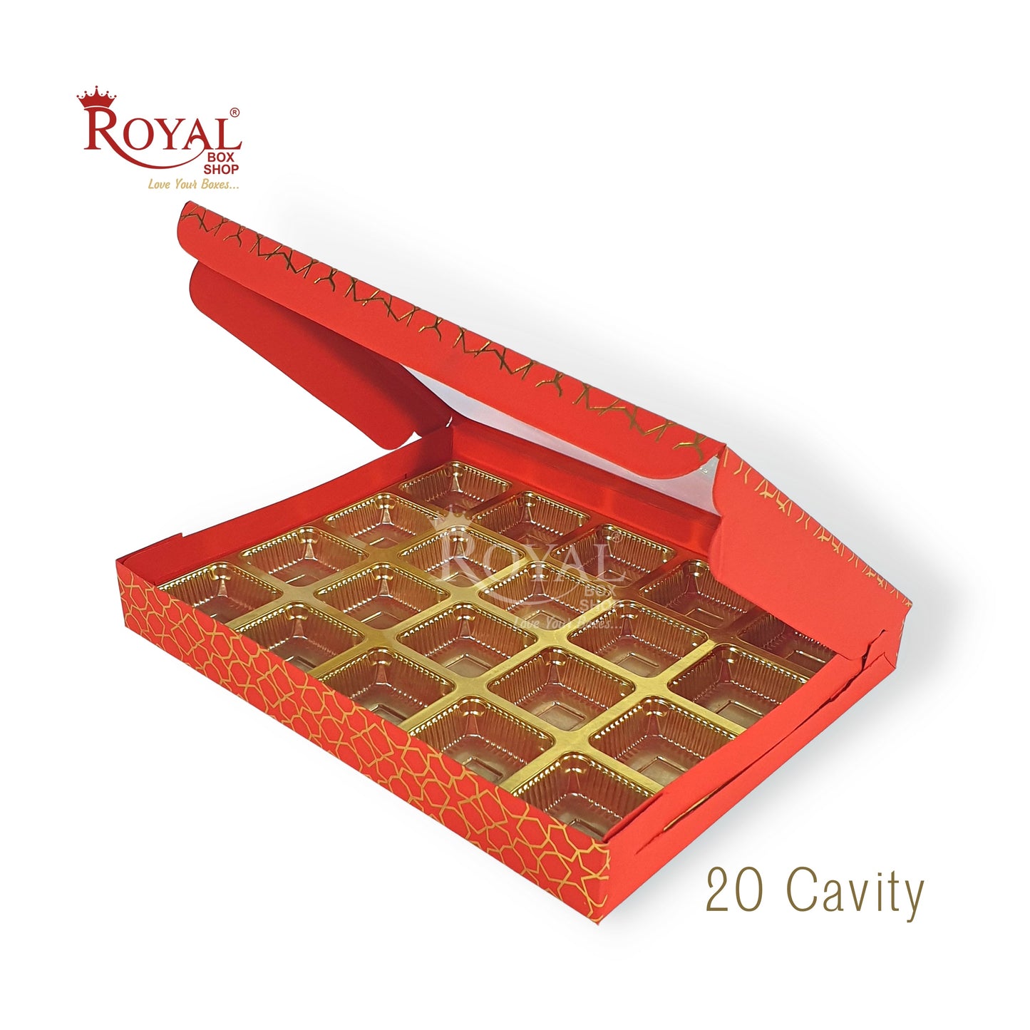 20 Cavity Chocolate Boxes I 9.5 x 7.5 x 1.25 inches I Red Hexa Golden Foiling I For Valentine, Rakhi, Return Gifts Royal Box Shop