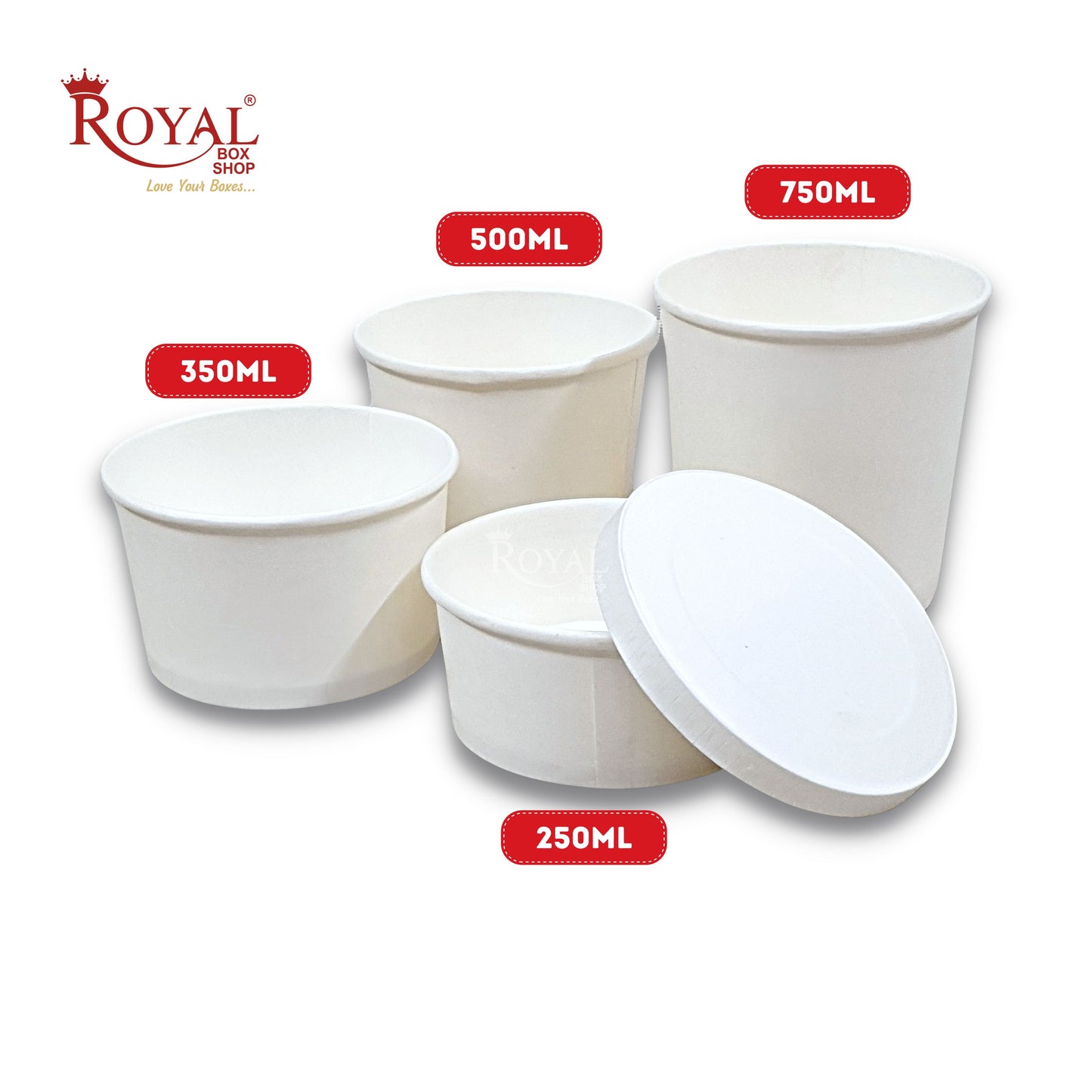 250 ML Round Food Containers Tub With Lids I Disposable & Biodegradable Paper I White Color I Food Storage Tub, Take Away Box Royal Box Shop