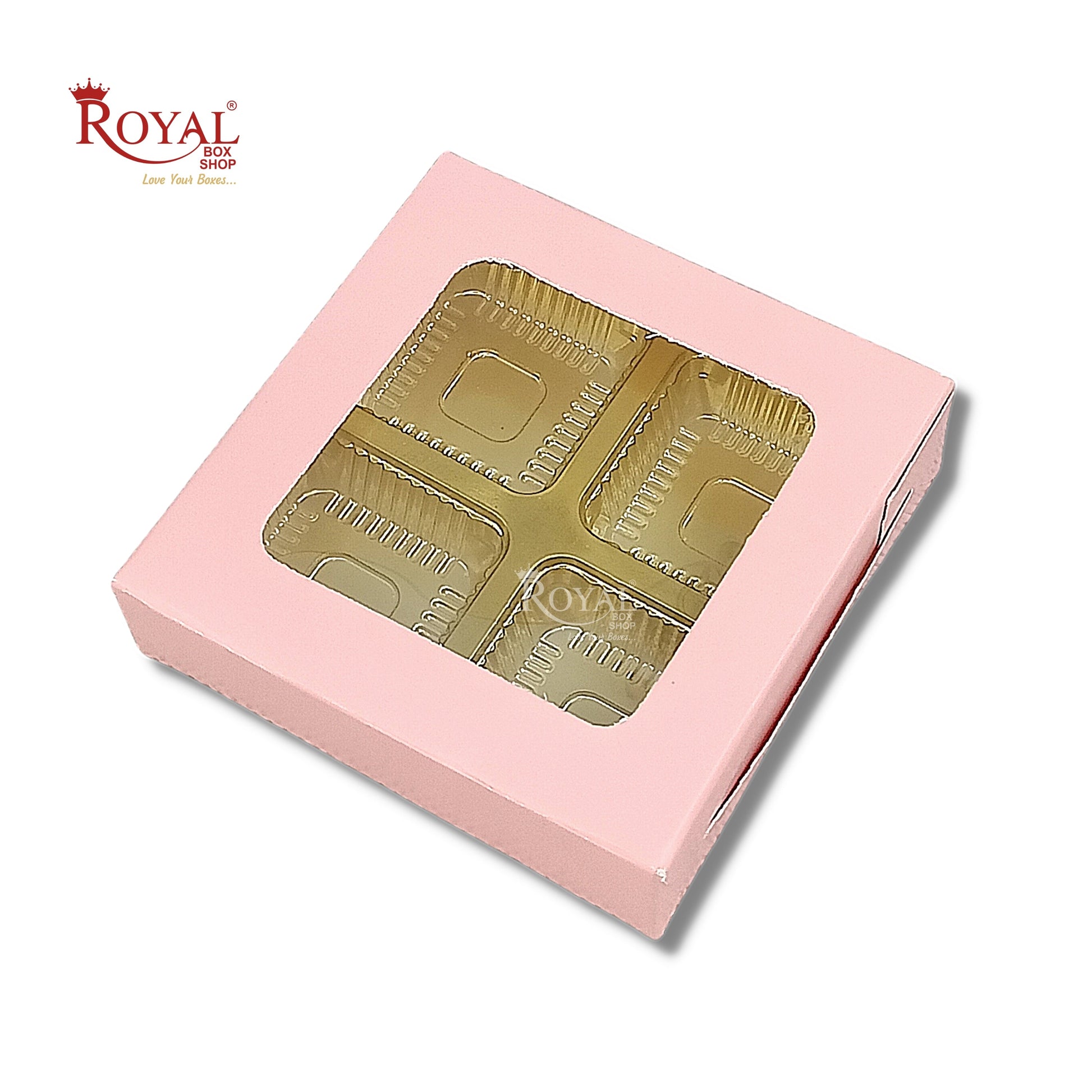 4 Cavity Chocolate Boxes with Window I 3.75 x 3.75 x 1 inches I Baby Pink Royal Box Shop