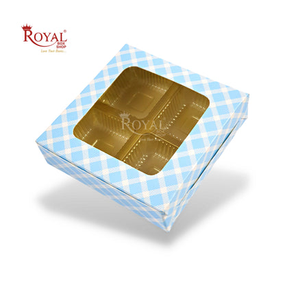 4 Cavity Chocolate Boxes with Window I 3.75 x 3.75 x 1 inches I Blue Check Royal Box Shop