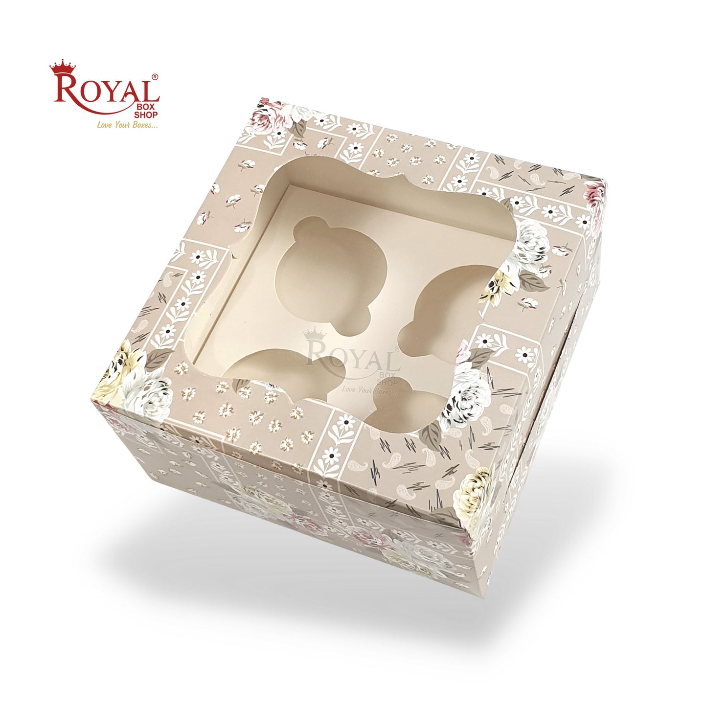 4 Cupcake Box With Window I Size 7"x7"x3.5" I Flower Print I FBB Paper I 300 GSM Royal Box Shop