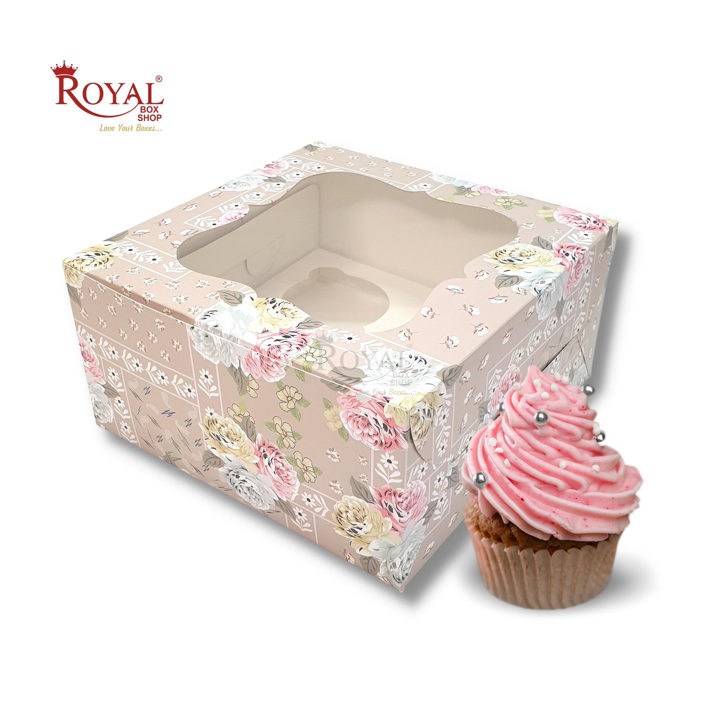 4 Cupcake Box With Window I Size 7"x7"x3.5" I Flower Print I FBB Paper I 300 GSM Royal Box Shop