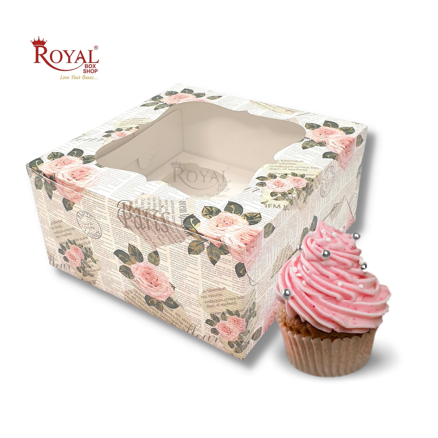 4 Cupcake Box With Window I Size 7"x7"x3.5" I News Print I FBB Paper I 300 GSM Royal Box Shop