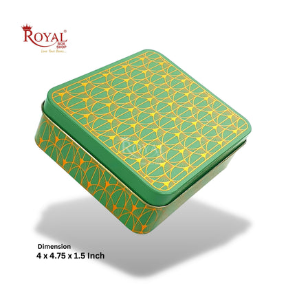 Premium Tin Box I Golden Foiling I 4"x4.75"x1.5" Inches I Green Color I For Return Gifts, Hamper Box, Dry Fruits Packing