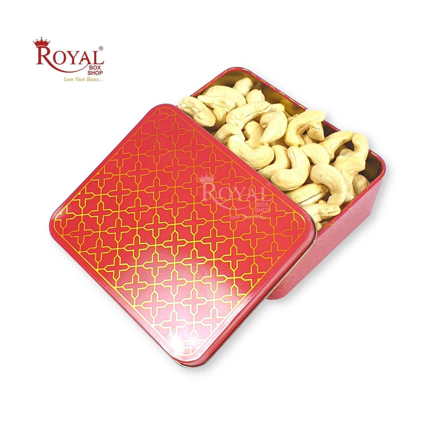 Premium Tin Box I Golden Foiling I 4"x4.75"x1.5" Inches I Red Color I For Return Gifts, Hamper Box, Dry Fruits Packing
