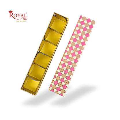 Long Sleek 6 Cavity Rigid Box I Pink Check Flower I Perfect Packaging for Sweets, Chocolates & Baklawa