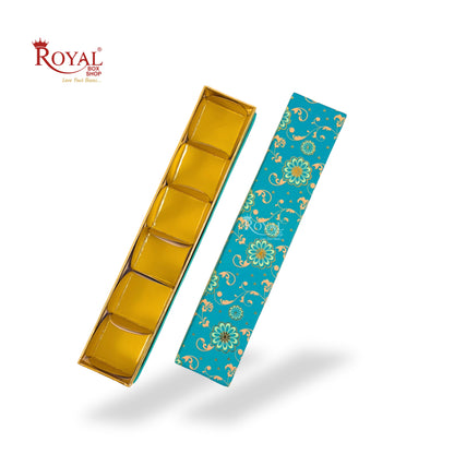 Long Sleek 6 Cavity Rigid Box I Turquoise Flower Print I Perfect Packaging for Sweets, Chocolates & Baklawa