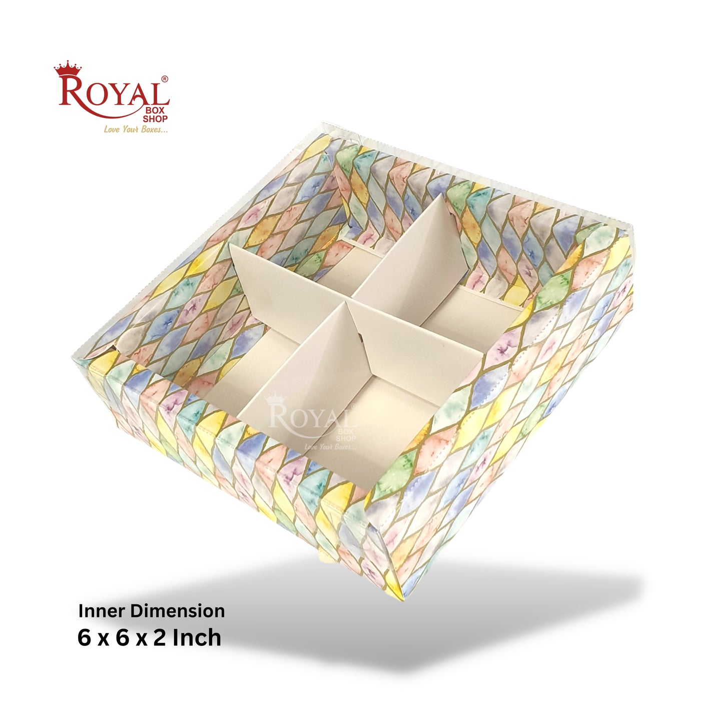 4pc Brownie Hamper Box with Transparent Lid I Multi Color I 6"x6"x2" inches I For Christmas Gifting Royal Box Shop