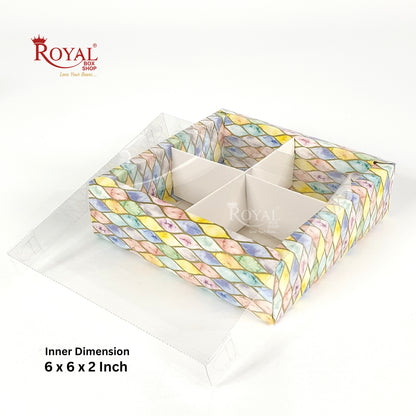 4pc Brownie Hamper Box with Transparent Lid I Multi Color I 6"x6"x2" inches I For Christmas Gifting Royal Box Shop