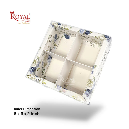 4pc Brownie Hamper Box with Transparent Lid I White Floral I 6"x6"x2" inches I For Christmas Gifting Royal Box Shop