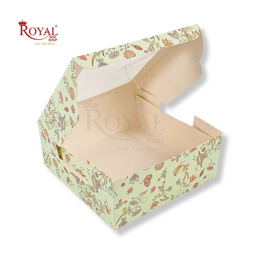 Dry Cake Box With Window I Size 7x7x3 inch I Green Floral I For upto 500 Gm Dry Cakes, Chocolates, Cookies, Muffins