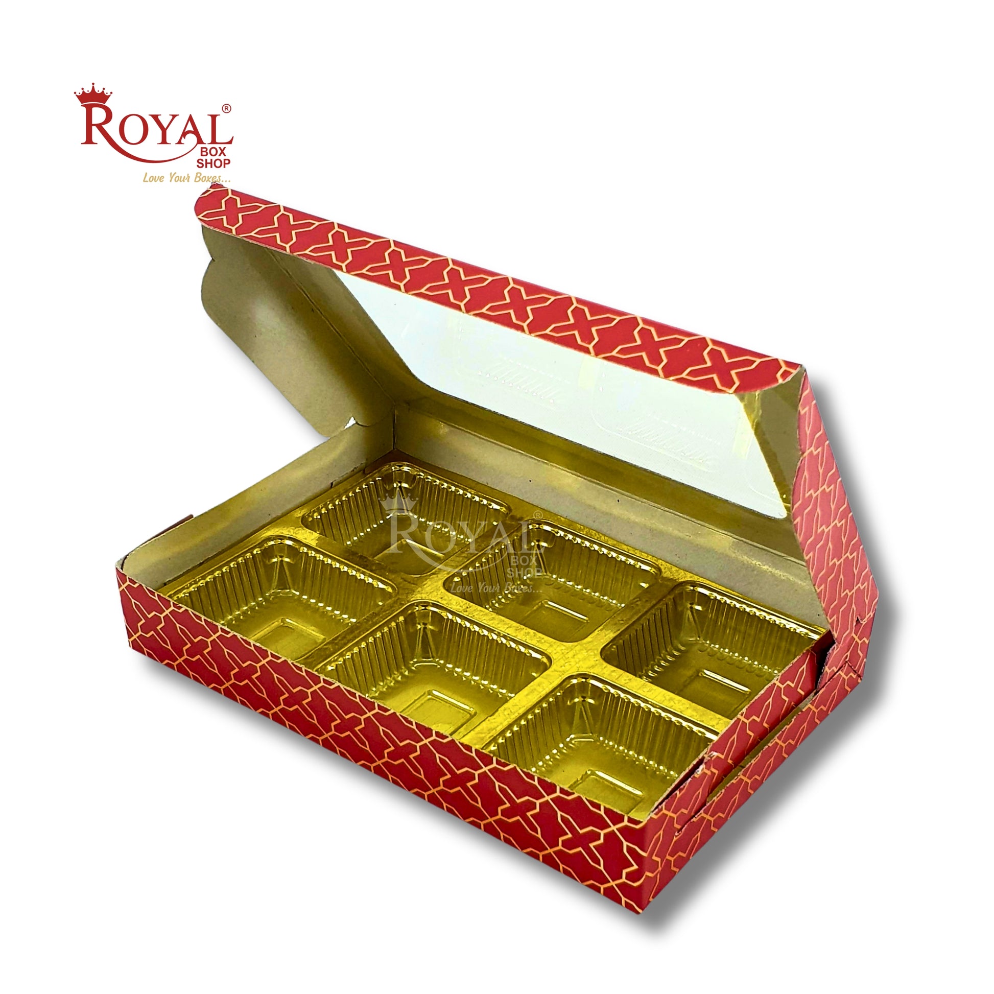 6 Cavity Chocolate Boxes I 5.75 x 4 x 1 inches I Red Gold Design Royal Box Shop