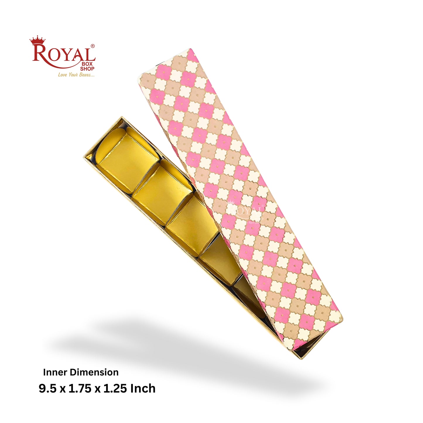 Long Sleek 6 Cavity Rigid Box I Pink Check Flower I Perfect Packaging for Sweets, Chocolates & Baklawa