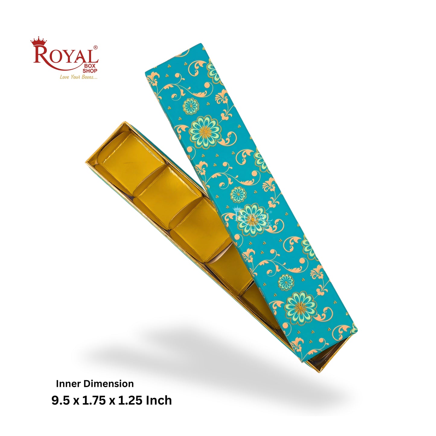 Long Sleek 6 Cavity Rigid Box I Turquoise Flower Print I Perfect Packaging for Sweets, Chocolates & Baklawa