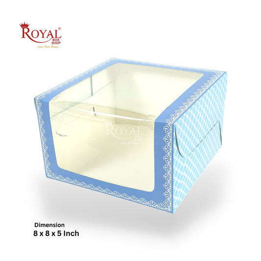 L-Shape Window Cake Box I Blue Check I 8x8x5" Inch | Perfect for Half Kg Cakes Cookies, Candies, & Room Hampers