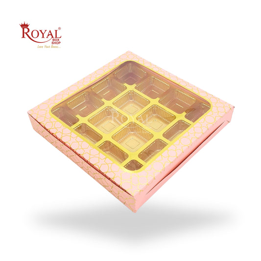 16 Cavity Chocolate Boxes  I 7.5 x 7.5 x 1.25 inch I Pink With Golden Foiling