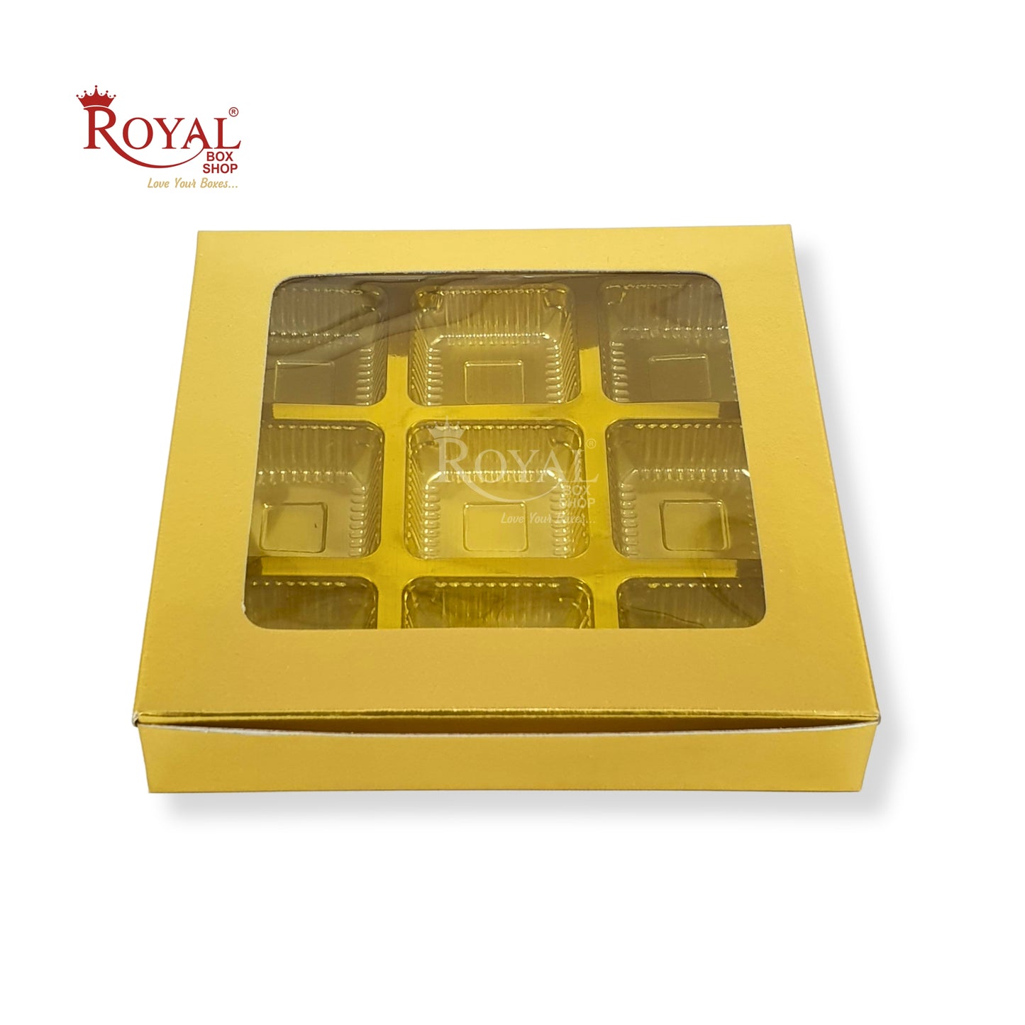 9 Cavity Chocolate Boxes I 5.5 x 5.5 x 1 inches I Golden