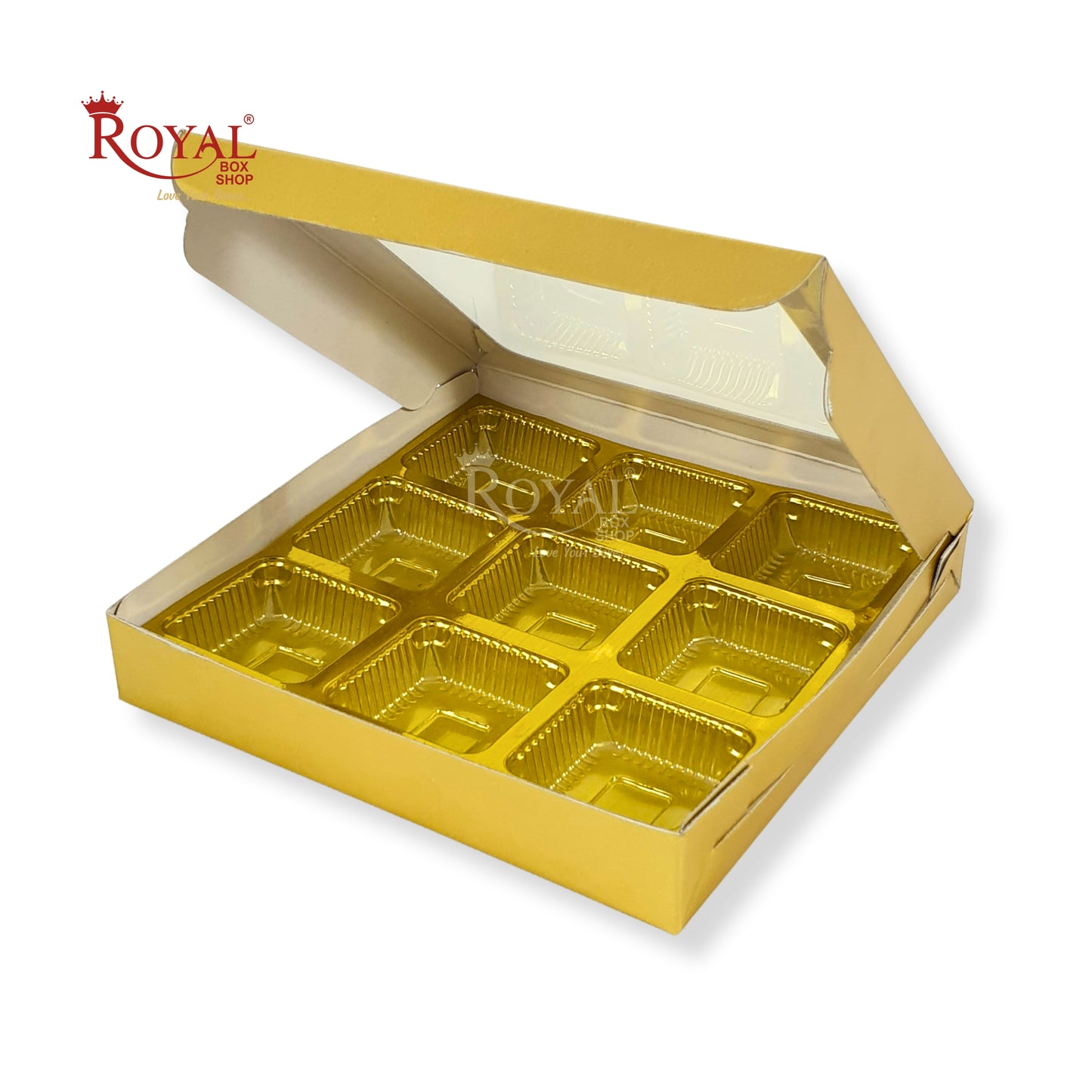 9 Cavity Chocolate Boxes I 5.5 x 5.5 x 1 inches I Golden