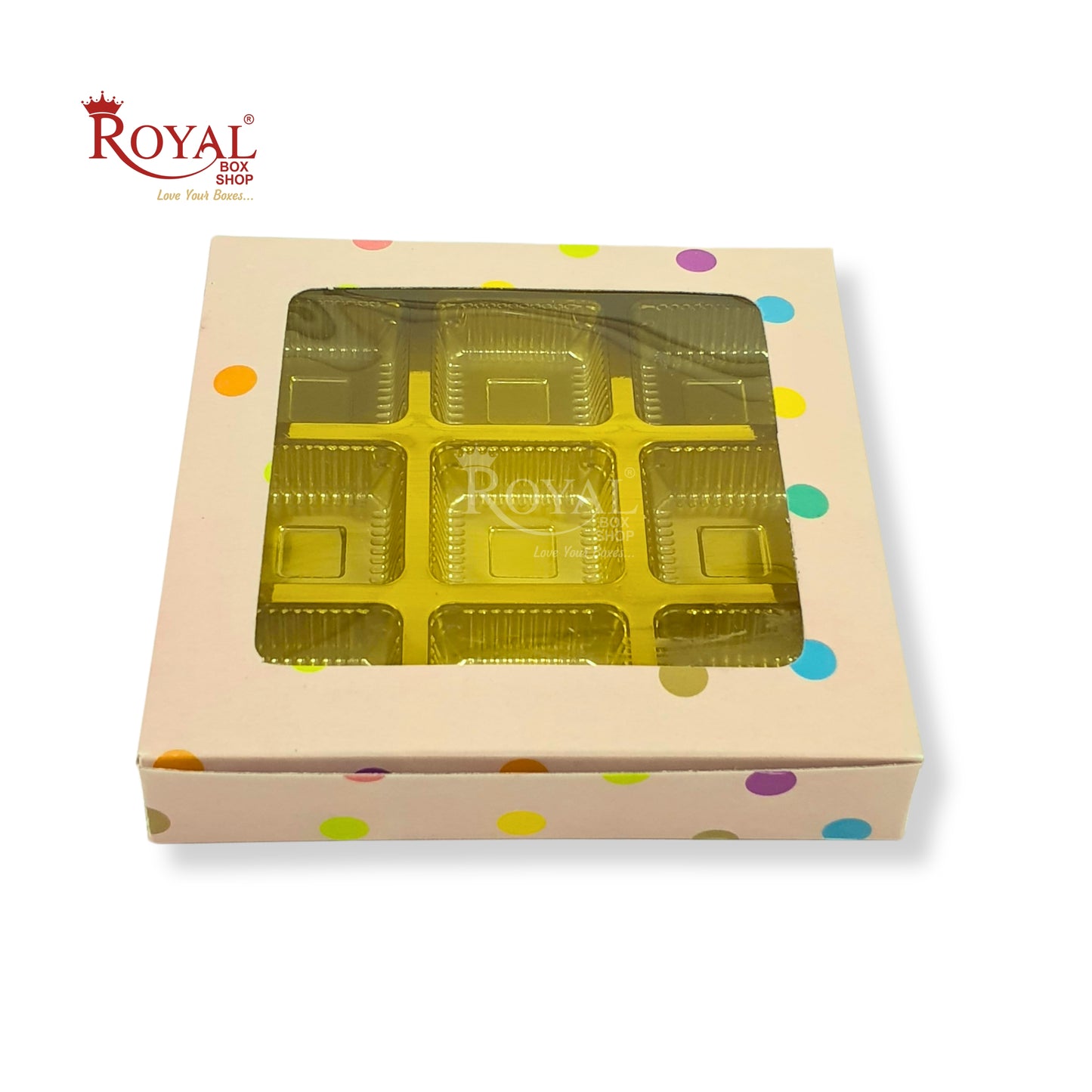 9 Cavity Chocolate Boxes I 5.5 x 5.5 x 1 inches I Multicolor Dots